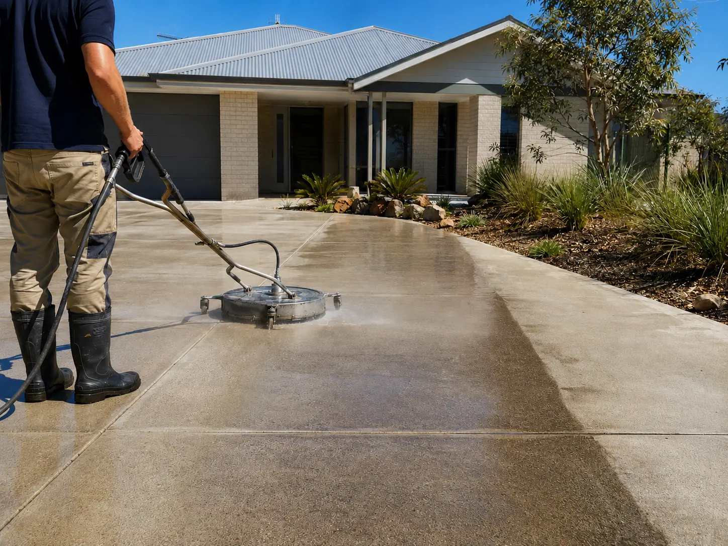 Professional driveway pressure cleaning at a Western Australian home